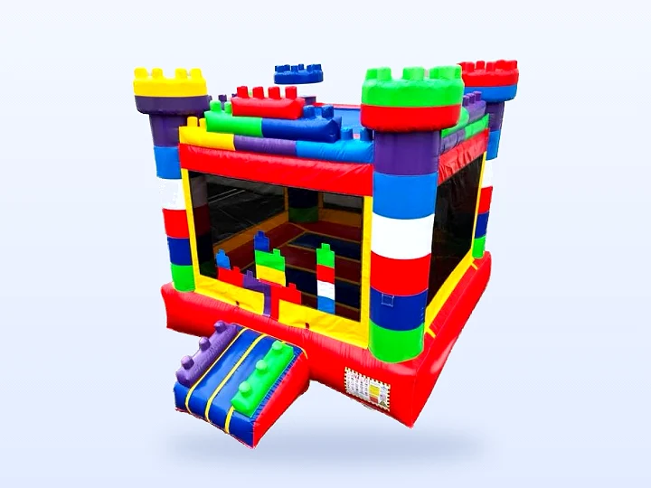 A colorful block bounce house