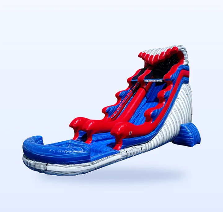 A red, white and blue inflatable water slide
